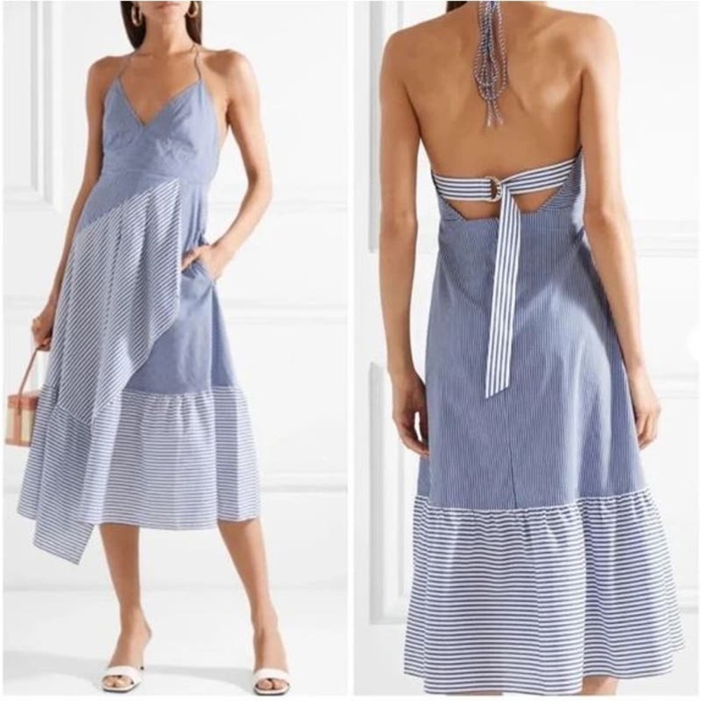 Tibi Sleeveless Collage Striped Halter Midi Dress Asymmetrical Blue Women's Sz 6 - Picture 2 of 9